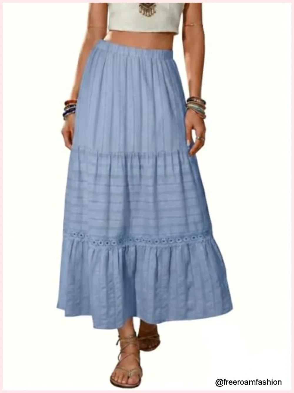 Boho Tiered Maxi Skirt High Waisted Cotton Crochet Lace A-Line Flowy Beach